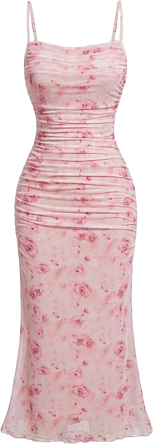 "Floral Ruched Bodycon Midi Dress with Mesh Sleeves - Perfect for Summer! 💐👗 #Fashion #Dresses"