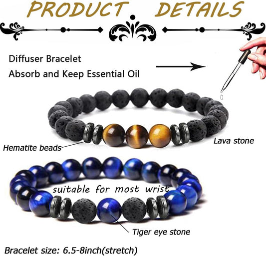 "Check out these stylish natural stone bead bracelets! Perfect for essential oils and suitable for both men and women. 🌿 #LavaRock #TigerEye #Hematite"